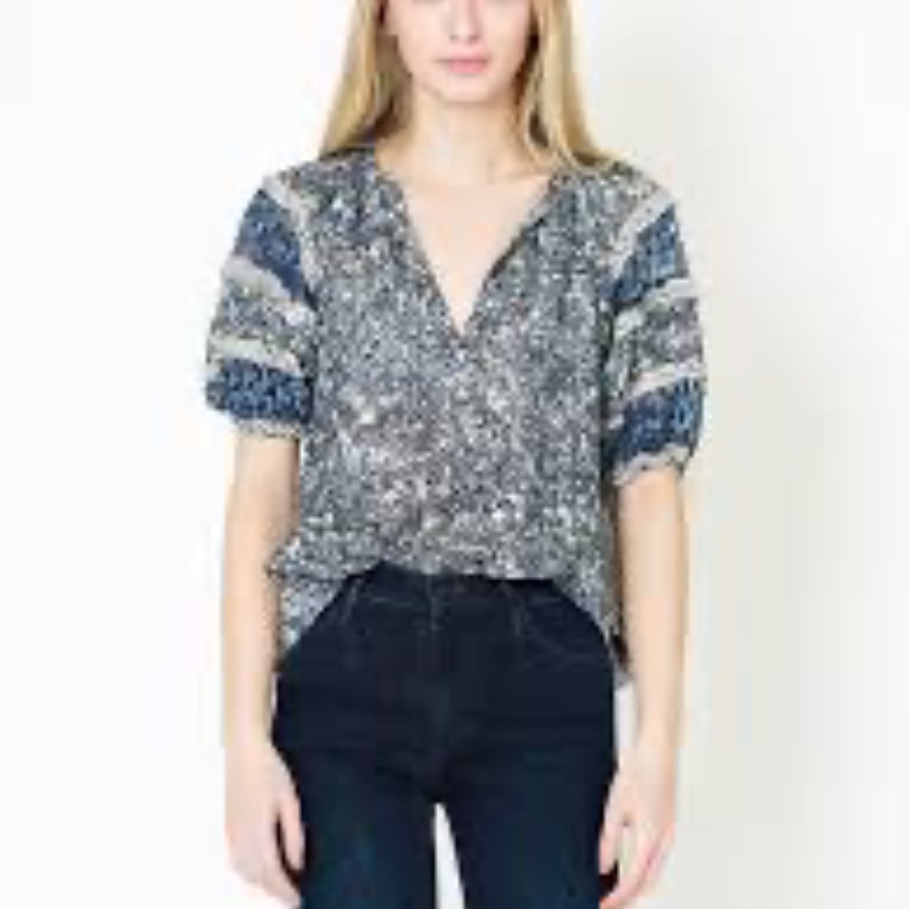 Ulla Johnson Aiko Top Indigo Womens Size 2 Blue White Cotton Blend Boho Peasant